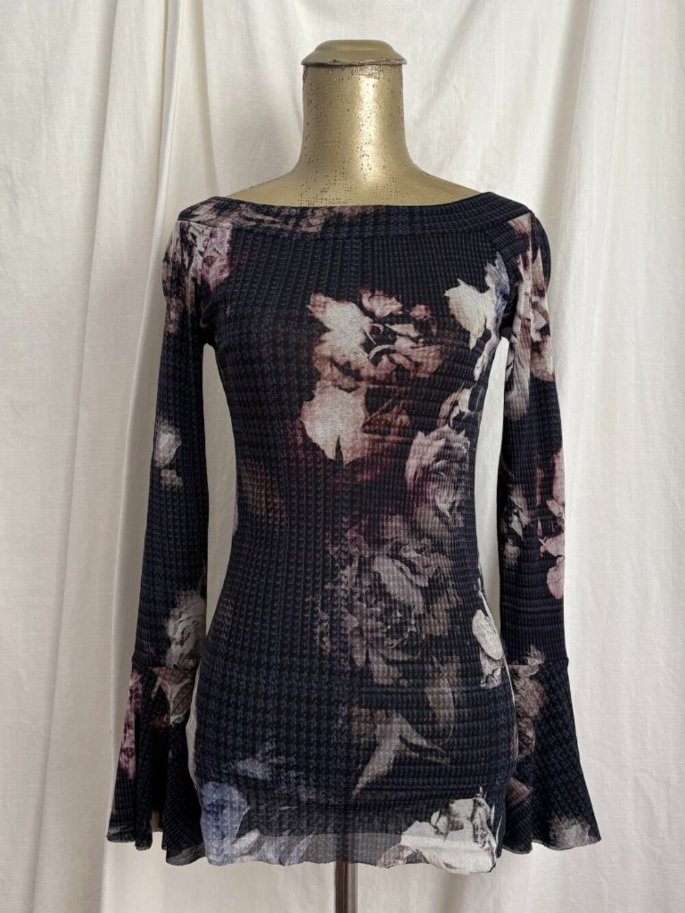 Jean Paul Gaultier Fuzzi Floral Mesh Bell Sleeve Top M Y2K Vintage Nylon Mesh